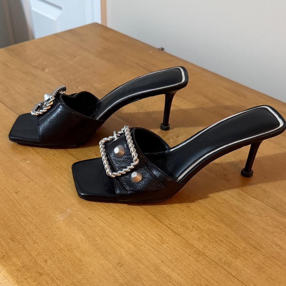 Gianni Bini Black Leather Slide Sandals with Silver Buckle